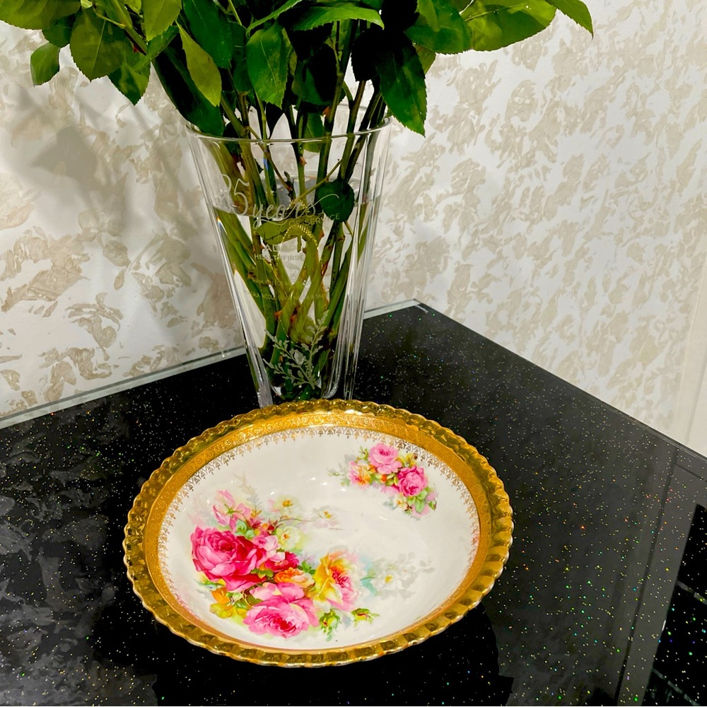 Antique Germany  Big Bowl With Roses And Gold Accent 10”